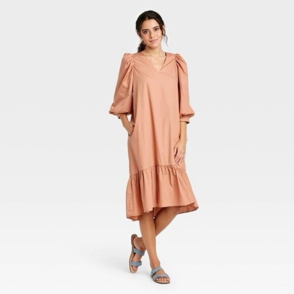 A New Day Relaxed V-Neck Puffed Elbow Sleeved Midi Dress Salmon Pink size M